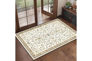 XSIVOD Floral Entryway Rug Indoor Door Mat, Small Washable Area Rugs for Kitchen Bathroom, Low Pile Vintage Rug, Non-Slip Bedroom Carpet for Front Door Entrance Welcome Mat, 60x90 cm, Beige/Harmony