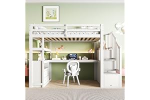 ‎JOVIFY Hochbett mit Schreibtisch und Treppe, Etagenbett Kinderbett mit Stauraumschubladen und Regale, 90x200cm Stockbett Funktionsbett Kinderhochbett Jugendhochbett, inklusive Lattenrost, ohne Matratze,Weiß