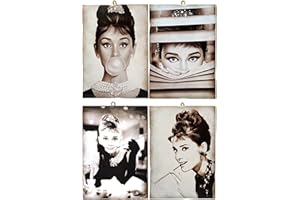KUSTOM ART Set di 4 Quadretti Stile Vintage Audrey Hepburn Stampa su Legno 10X15 cm