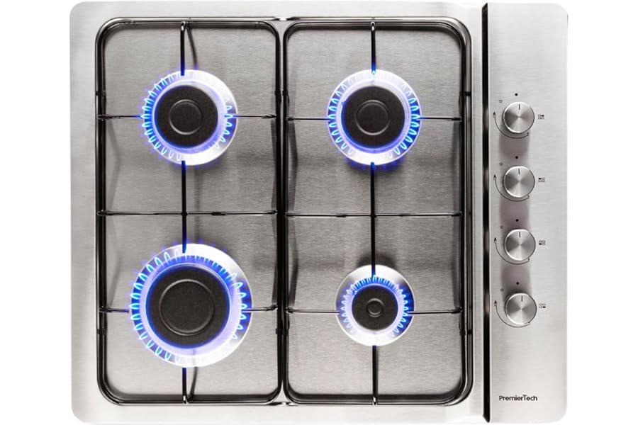 PremierTech Gas Hob, 4 Burners, 60 cm, Built-in 56 x 48 cm, Stainless Steel, Methane Prepared and LPG Nozzle Kit Included, P460IN