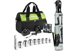 WORKPRO Cordless Ratchet Wrench Set, 3/8" Cordless Ratchet with 7 Sockets, Extension Bar & Drive Adapter, 1H Fast Charger, 12V Powered Ratchet Wrench 55N.m with 2 Pack 2.0Ah Lithium-Ion Battery