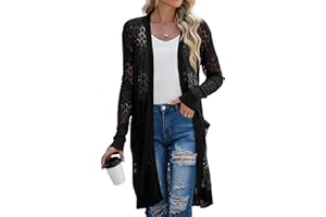 GRECERELLE Strickjacke Damen Sommer Lang Cardigan Langärmelig Lochmuster Strandjacke Leicht Dünne Vorne Offen Cover Up