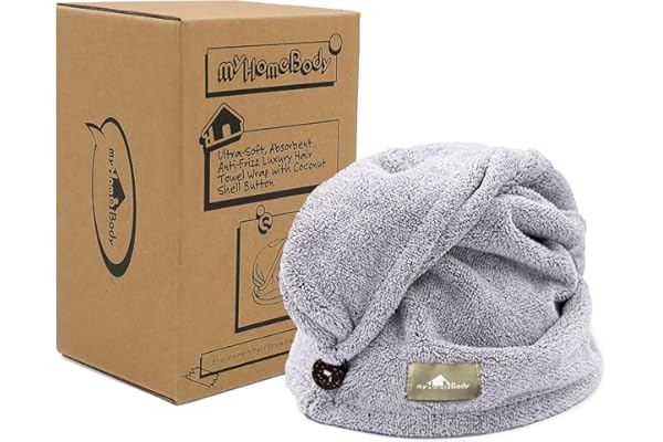 myHomeBody Serviettes de Cheveux, Turban de Luxe Anti-frisottis à séchage Rapide, Fibre de Charbon absorbante Ultra-Douce et à séchage Rapide, accompagnée de Boutons Gris de Noix de Coco