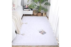 ROHATIM Teppich Wohnzimmer 160 x 230 cm reines Weiß Waschbar Rutschfester Hochflorteppich Kinderzimmer Schlafzimmer Flauschiger Teppiche