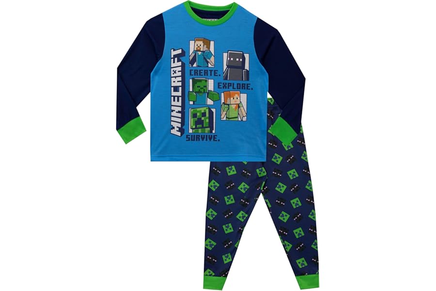 Minecraft Pyjamas | Steve & Creeper Boys Pjs | Long Sleeve Boys' Pyjama Sets | Gamer Pj Set for Kids