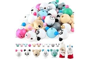 BINGGUNYO 40 Stück Holzperlen mit Gesicht, Naturholzperlen Tierköpfe 20mm, Runde Lose Perlen mit Niedlichen Tiergesichtern für DIY Puppenkopf, Schlüsselanhänger, Handwerk, Schmuckherstellung