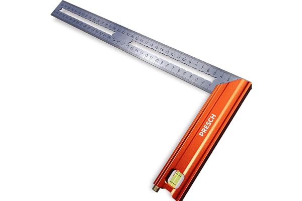 Presch Équerre de Menuisier 350mm - Grande - Avec jauge (35cm), niveau à bulle et pointe à marquage - 90° et 45° degrés - Équerre a chapeau, Équerre de precision et charpentier