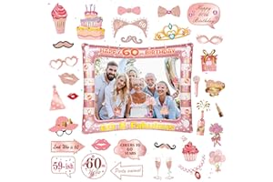 BATNITE Rose Gold 60th Photo Props - 34 Pieces 60th Photo Booth Props Rose Gold Inflatable Selfie Frame 60th Birthday Photo Booth Props for Women Men 60th Birthday Party Supplies 60th Birthday Gift