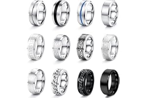 KALVICA 12 Pcs 8 mm Mens Rings Stainless Steel Matte Finish Polished Band Rings Celtic Vintage Ring Chain Rings Bottle Opener Ring Wedding Band Engagement Promise Ring Set for Men N1/2-Z1/2