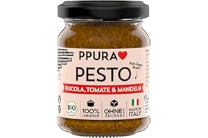 PPURA Pesto Rucola, Mandel & Tomate 120g – Veganes Bio Pesto mit Rucola & Mandeln, 100% natürlichen Zutaten, ohne Zucker & Zusatzstoffe, traditionell hergestellt – Made in Italy