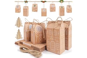 I LOVE MOM Calendrier de l'Avent à remplir, avec autocollants numérotés, 24 boîtes cadeaux de Noël à suspendre ou à poser, décoration de Noël DIY (maison de pain d'gingembre)