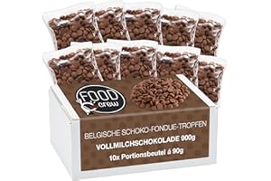 ‎FOOD CREW FOOD crew 900g belgische Schokolade für Fondue Vollmilch - Schokolade für Schokobrunnen – Schoko Kuvertüre Drops - 10 Portionsbeutel einzeln verpackt – Vollmilch Kuvertüre - Silvester Schokolade