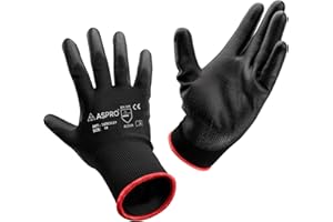 ASPRO Arbeitshandschuhe 10 Paar Größe 11 (XXL)- Gartenhandschuhe-Schwarze Nylon-Handschuhe mit PU-Beschichtung für Bauarbeiter, Gärtner, Mechaniker, Bauarbeiter, Lagerarbeiter etc.