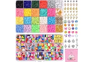 ‎AUHOU AUHOU Polymer Clay Perlen Set 35 Farben Flache Runde Tonperlen mit Herz Blume Obst Smiley Perlen Heishi Perlen Vinyl Scheiben Lose Perlen für Schmuckherstellung, Armband, Halskette DIY