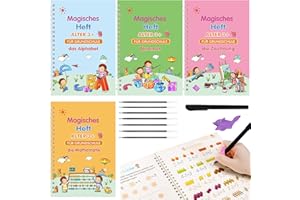 ‎LARCENCIEL Larcenciel Magische Vorschule Übungshefte, 4 Deutsche Magisches Heft + Magische Kalligraphie Stifte + Schreibhilfe + Nachfüllen, Buchstaben Lernen, Schreiben Lernen, Zahlen lernen, Zeichnen Lernen