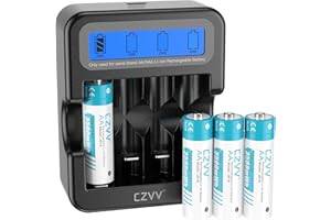 czvv Akumulatory AA litowe 1,5 V – wysoka pojemność 3500 mWh – 1300 cykli ładowania – 4 sztuki akumulatorów z wyświetlaczem LCD, szybkie ładowanie przez 2 godziny, niskie samorozładowanie (czarne)