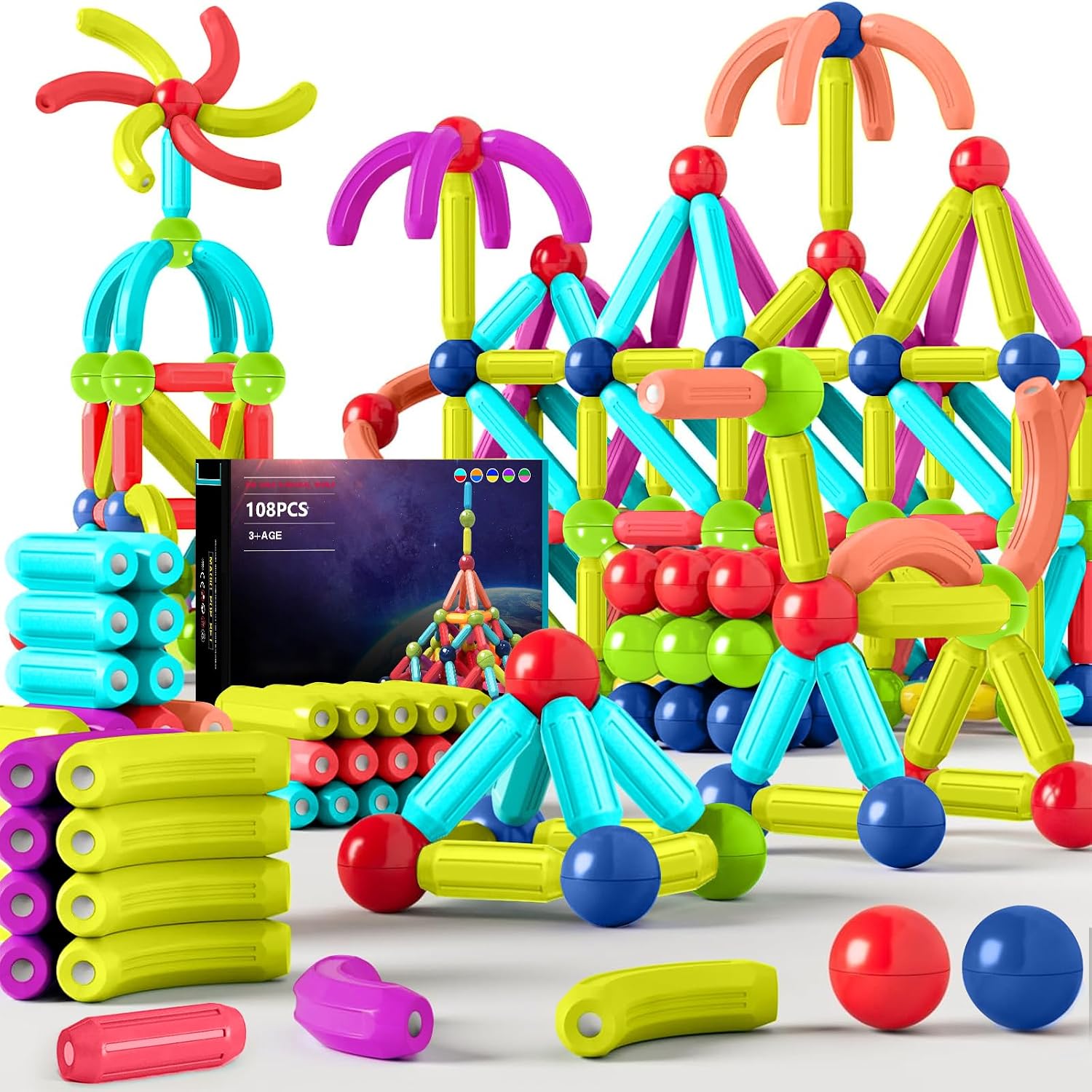 JUQG 108Pcs Juguetes de Bloques de Construcción Magnéticos, 3D Juguetes Educativos de Bloques de Construcción, Juguetes de Construcción Magnéticos para Niños y Niñas de 3 4 5 6 7 8 años (108Pcs)