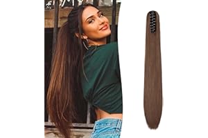 Gairyan 60cm Cola de Caballo Extensiones Pelo Natural Coleta Postiza Lisa con Pinza Extensiones Coleta Larga con Pinza Extensiones de Cabello Postiza Pelo Sintético - Marron oscuro & Castaño claro