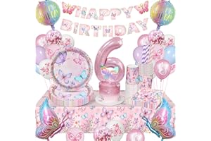 YIMAKJ Schmetterling Deko Geburtstag, 6 Jahre Schmetterling Geburtstagsdeko Mädchen, 6. Schmetterling Kindergeburtstag Deko, Pappteller, Pappbecher, Luftballons, Banner Für Partygeschirr Set 16 Gäste