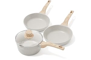 RIOVARM Antiaderente Padella, Induzione Set di padelle con coperchio, 18cm Casseruola Padella, 20cm e 24cm Padella con rivestimento in granito, Set di pentole senza PFOA, Padella per latte, Omelette