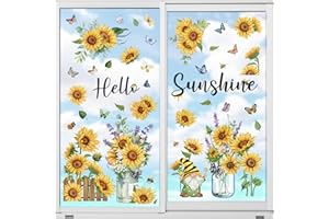 wondever Summer Sunflower Butterfly Window Clings Hello Sunshine Flowers Vase Gnomes Glass Sticker Decal Anti Collision Double-Side Static Window Stickers for Home Glass Window