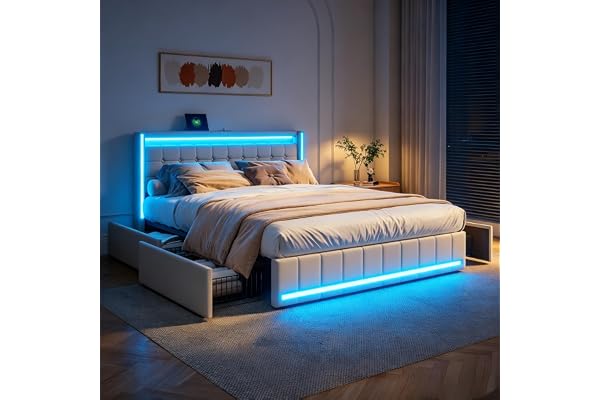 Klädd dubbelsäng 160 x 200 med 4 lådor, Klädd säng med USB-laddningsfunktion, säng för vuxna med LED-lampor, ribbotten i trä, (beige linne C, 160 x 200 cm)