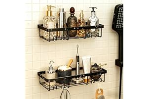 LINKINNO [2 Piezas] Estanteria Baño Sin Taladro, Resistente al Agua y al Metal Oxido Estantería Ducha Organizador Cesta Ducha con 2 Ganchos para Bañera Cocina Baño Jabonera Accesorios, Negro