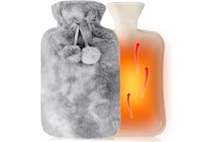 KULAMO Bolsa de Agua Caliente 2L, Botella de Agua Caliente con Funda de Felpa Suave, Reutilizable Botella de Goma Natural, Compresas Calientes/Frías, Regalo para Cumpleaños, Navidad, San Valentín