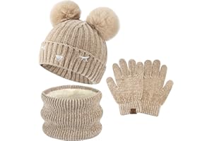 Bequemer Laden Enfants Garçons Filles Hiver Chaud Pompon Bonnet Gants Tactiles Écharpe Ensemble Tricot Chapeau Cache-Cou Avec Doublure Polaire pour 3-10 Ans Cadeaux Noel