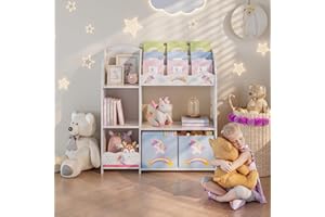 [en.casa] Regał dziecięcy Lysekil regał na książki dla dzieci z 2 pudełkami do przechowywania, regał na zabawki 100 x 93 x 30 cm, przechowywanie zabawek, motyw jednorożca