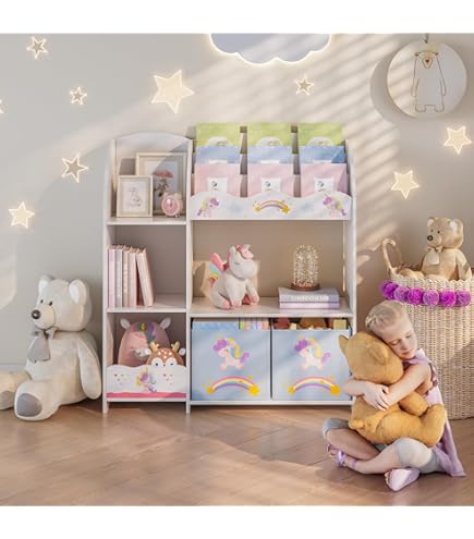 en.casa] Toy Box Oleiros with Hinged Lid, Storage Box for Children's Room Books Toys 40x60x30 cm Children's Room Box with Unicorn Motif White Lilac and Pink