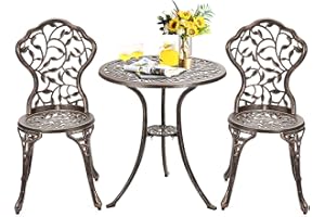 GIANTEX Set da Bistrot Tavolo Rotondo con 2 Sedie in Fusione di Alluminio, Set da Giardino Antico per Esterni Balcone Bordo Piscina, Bronzo