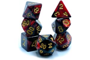 Lava - Polyset Dice | Polydice | Red Black Pearlescent Marble and Gold | Dice Set of 7 Pieces