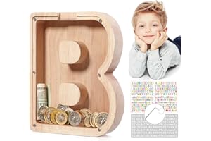 MoneRffi Personalized Letters Wooden Piggy Bank, A-Z Letters Coin Bank Money Box with Clear Alphabet Stickers, Money Saving Bank For Family Christmas Birthday Gift Home DIY Decoration