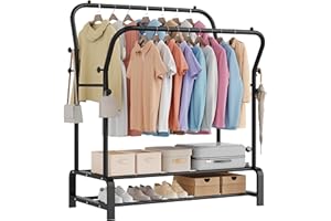 SMILOVII Heavy Duty Clothes Rail, Free Standing Clothing rail with Hanging Rail、Shoe Storage & 8 Hooks, Sturdy Metal Double Clothes rail, Perfect clothes rails for bedroom - Black