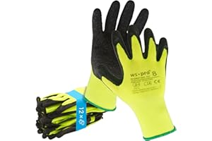 Trevendo 12 paires de gants de travail - gants de montage jaune fluo avec revêtement latex (Taille 8)