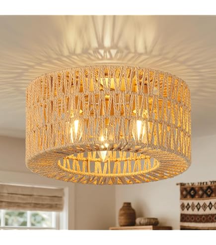 Qazqa Tromma Deckenleuchte – 3-flammig, Rattan & Leinen, 40 Cm, Dimmbar, Für Wohnzimmer & Schlafzimmer, E27