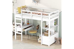 Moimhear Lettino a soppalco per bambini, 90 x 200 cm, con cassetti e scrivania sotto il letto (90 x 200 cm, bianco)