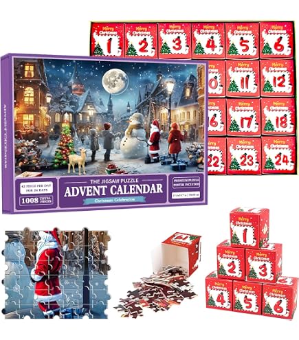 Calendrier de l'Avent de Noël 2025 - Puzzles avec affiche de référence 1:1 - Puzzle de cheminée de 1000 pièces pour enfants et adultes, calendrier de