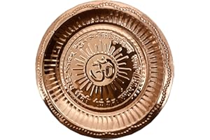 Gavya International Copper Pooja Puja Plate for Home temple Mandir with Om Symbol and Gayatri Mantra karwa chauth Aarti Plate Navaratri Navratri housewarming Diwali Religious thanksgiving (8.5 inch)