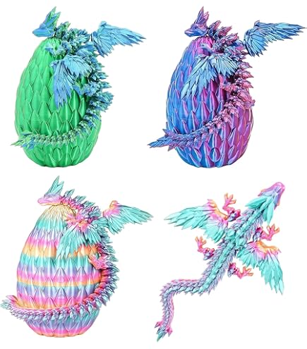 Figurines dragon 3D dans un œuf – Lot de 4 figurines décoratives de collection, dragons 7 cm dans de grands œufs multicolores, élément articulé, déco fantasy (14
