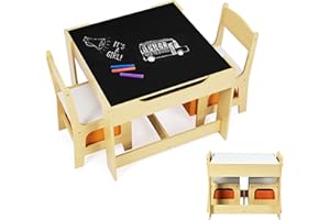 DREAMADE Ensemble de Table et 2 Chaises Enfant avec Tableau Noir, Table Dessin avec Grand Volume de Rangements&Chaises avec Boîtes de Rangement pour Manger Dessiner Bricoler (Naturel)