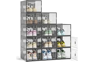 FUNLAX Scatole per scarpe impilabili, 12 Scatole trasparenti con porte magnetiche, Scarpiera componibile Adatto per scarpe fino a 45 taglie EU, Nero(33,3×23×14,5cm)