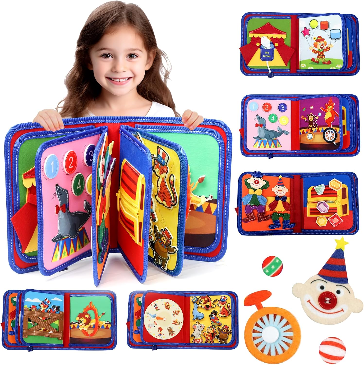 LZDMY Libro Montessori para Niños 1 Años, Busy Board Libro Interactivo con Tema Circo, Busy Book Juguetes Educativos Montessori con Cremalleras/Botones Sensoriales, Regalo para Niños Niñas