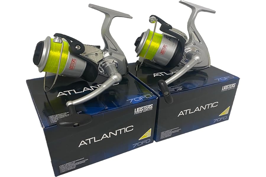 2 NEW LARGE ATLANTIC 7000 FD SEA FISHING LIDSTERS BEACH PIER REEL AND YELLOW LINE 70