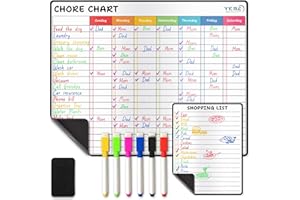 Magnetic Dry Erase Chore Chart for Fridge - 36 x 29 cm - Whiteboard Organiser with Shopping List, 6 Colourful Markers & Eraser - Refrigerator White Board for Family Tasks & Schedules - by Yes4Quality
