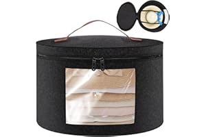 WEFINEST Round Hat Boxes with Lids, 43 x 26cm Soft Felt Hat Storage Box Dark Grey Hats Organiser, Foldable Travel Hats Boxes Storage with Transparent Window and Handle Zip for Storing Clothes, Toys