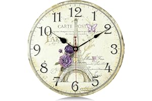 Lafocuse 30cm Reloj de Pared Torre Eiffel Vintage Madera, Silencioso Retro Flor Reloj Cocina Pared, Decorativo sin Tictac para Salon Dormitorio Oficina