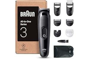‎BRAUN Braun All-in-One Series 3, 8-in-1 Multigroom, Barttrimmer, Nasenhaartrimmer, Haarschneider, Haarschneidemaschine für Gesicht und Kopf, 50 Min Akku, 14 Längen (3–21 mm), Wasserdicht, AIO3545, Schwarz