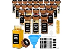 ZZXLOPEZ Pot à Épices en Verre et Bois, 24 Pièces 120ml Pots à Épices Set, Pot Epices Verre Carré, Récipient en Verre pour épices, Boite a Epices Cuisine Rangement - avec Étiquettes,Entonnoir,Brosse